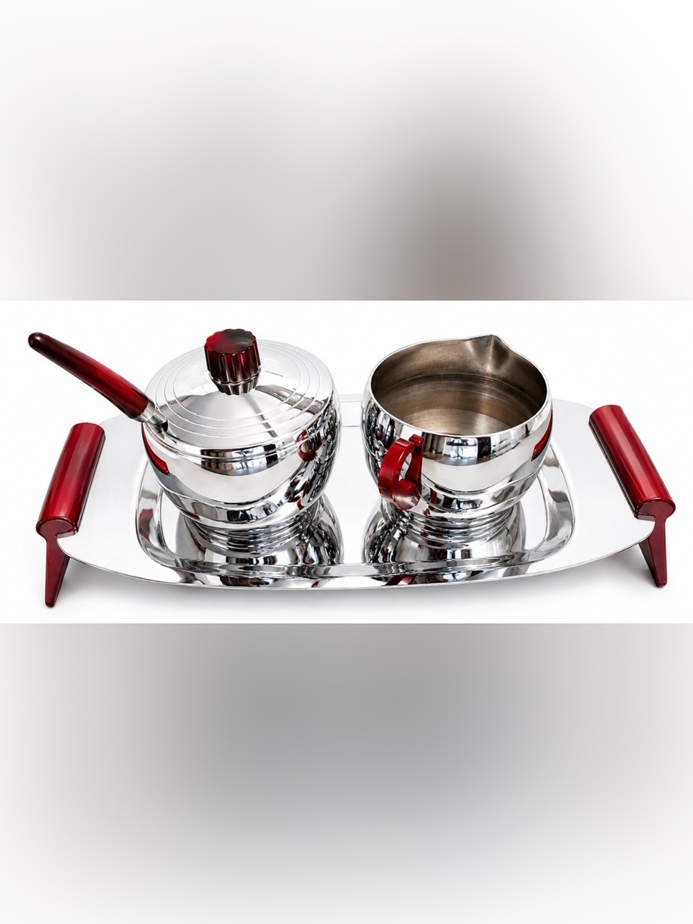 Vintage Mid-Century Chrome Cream & Sugar Set with Tray | Red Lucite Handles